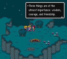 Buzz Buzz travels from a devastated future and appears at the meteor crash site to prophesy Ness and his friends' momentous destiny to save mankind from Giygas.