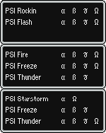 List of offensive PSI Psychic powers. The top is Ness', middle is Paula's and bottom is Poo's.