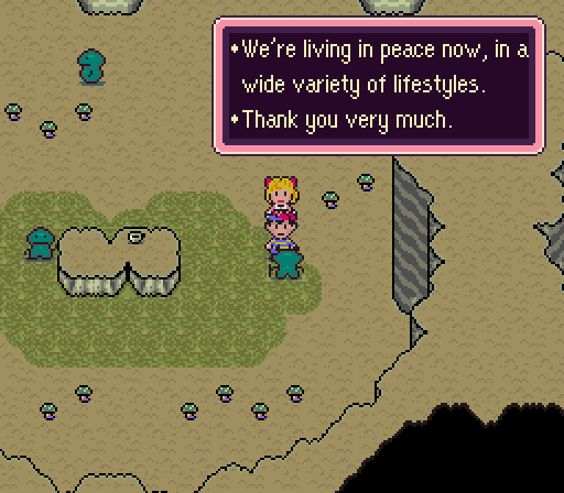 The game showcased diversity and fairly broad representation - especially for its time. Foes of all ilk reveled in America's... um, Eagleland's sense of equality&mdash;as in, all being equally detrimental or indifferent to Ness and friends' humanitarian efforts.