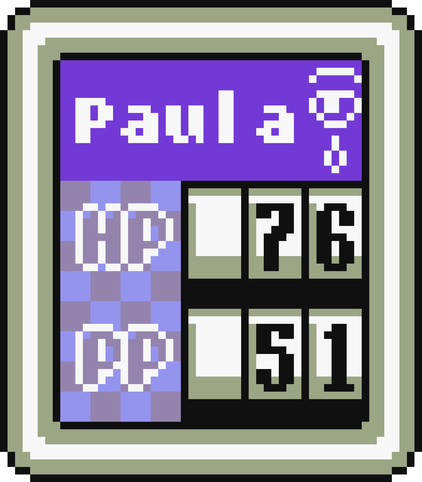 A closeup shot of the box that shows Paula's current HP and PP. Note the symbol of an eye and teardrop illustrating her current condition of Crying.