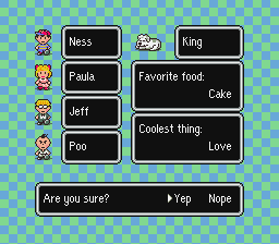 As you start to customize your game's settings, you quickly realize that EarthBound holds a lot of charm that promises to lead to a truly unique experience. Like among the choices for 'Coolest Thing', who doesn't like either Rockin (Rock 'N' Roll music), a Hammer, Love, Gifts, Slime, Gaming or Boxing?!?!!