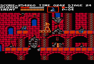 This is the extremely rare Moai Statue, which can only be found after the game is defeated and played through again to Stage 24. Jumping onto the moving platform will cause it to appear.