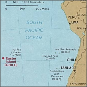 A map showing Easter Island, the Pacific Ocean and Chile.