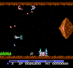 Screenshot of Stage 1 in Gradius--its warp is attainable ONLY when all four Hatches are destroyed WHEN the thousands digit is even.