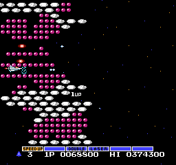 Screenshot of Stage 2 1UP in Gradius--only attainable when the thousands digit is even.