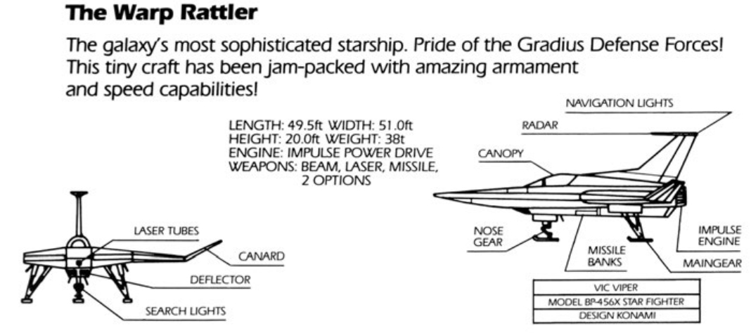 The NES instruction manual repeatedly calls the Gradius ship, the Warp Rattler, but in a diagrammed label, it is called the VIC VIPER.