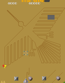 Xevious showcases some of the Nazca line geoglyphs, or intaglios, of Peru. These artistic renderings of specific figures and shapes are etched into the landscapes and visible from high above with some people believing that they are proof of extraterrestrial visitors.