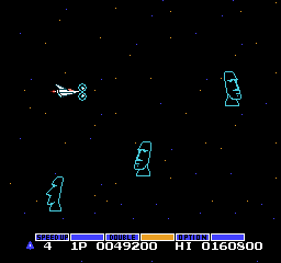 The Vic Viper travels through a field of spinning Moais when passing through a warp.